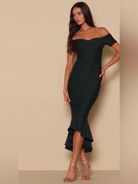 Lulus How Much I Care Dark Green Off-the-Shoulder Midi Dress NWT Size Small